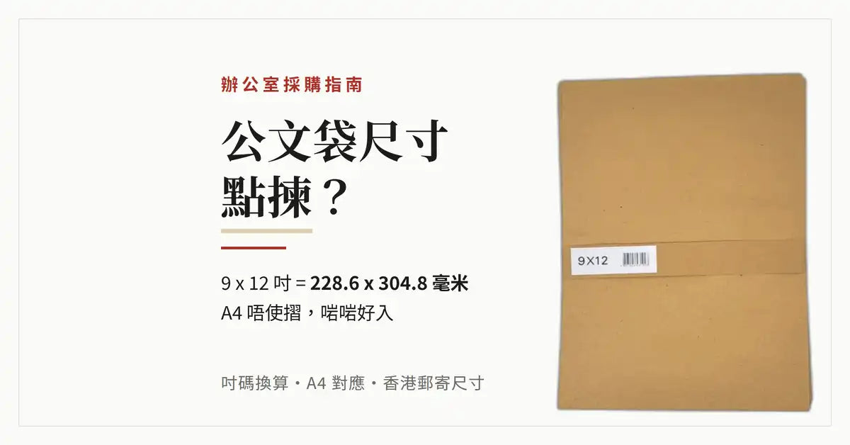 啡色有繩公文袋 9 x 12 吋實物相，旁邊標明 9 x 12 吋等於 228.6 x 304.8 毫米，A4 唔使摺放得入