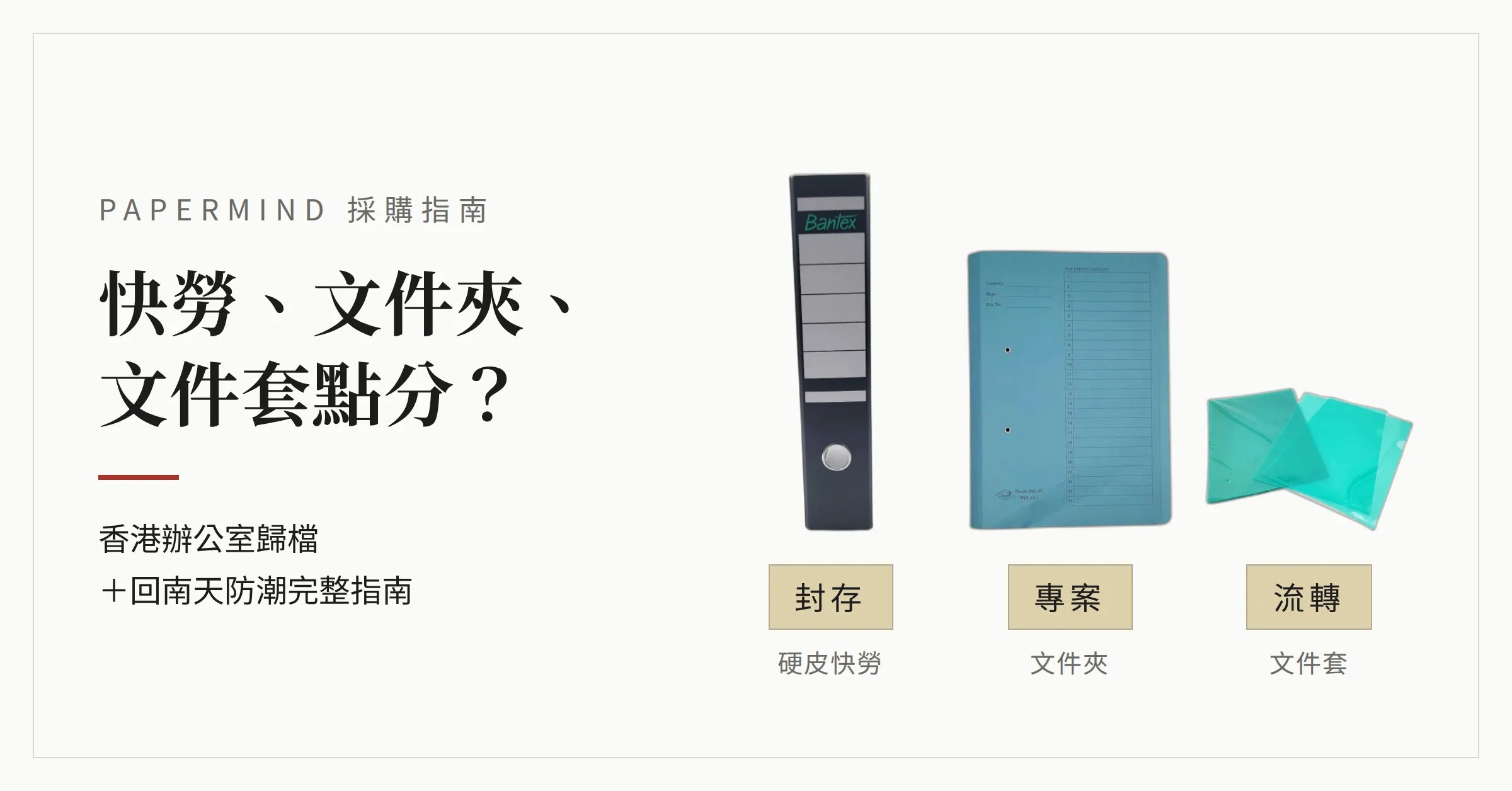 硬皮快勞、彈簧文件夾同膠質文件套三款辦公室歸檔用品並排，分別標示封存、專案、流轉三個階段
