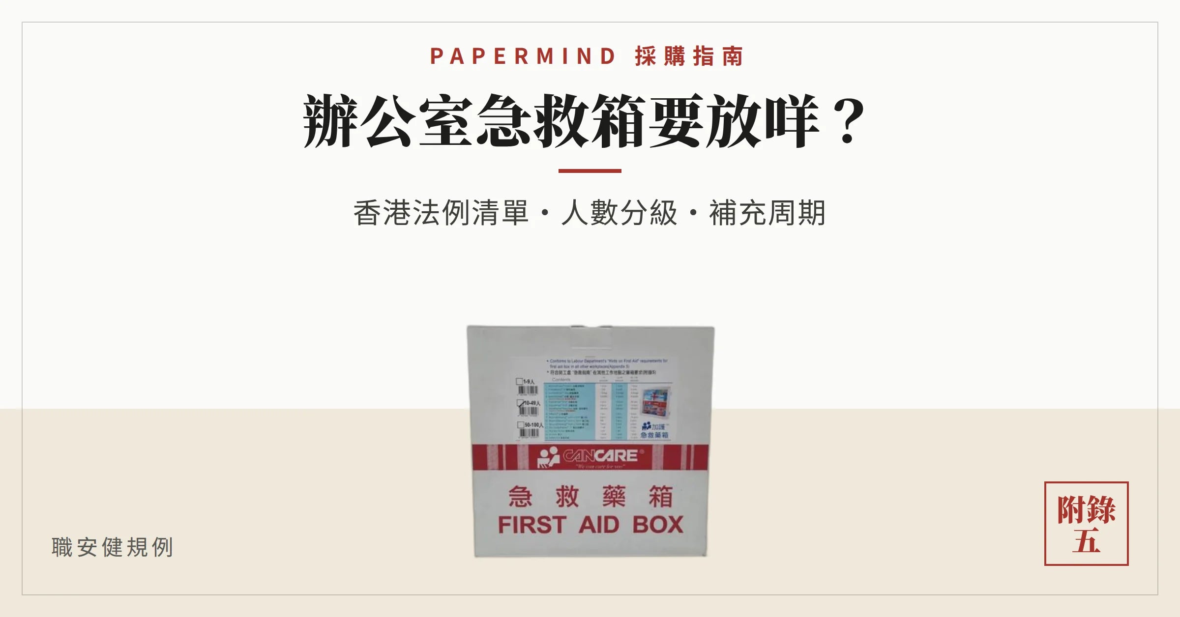 Cancare 加護急救藥箱實物相，箱面印住急救藥箱同 FIRST AID BOX 字樣，並標明符合勞工處急救指南附錄五要求