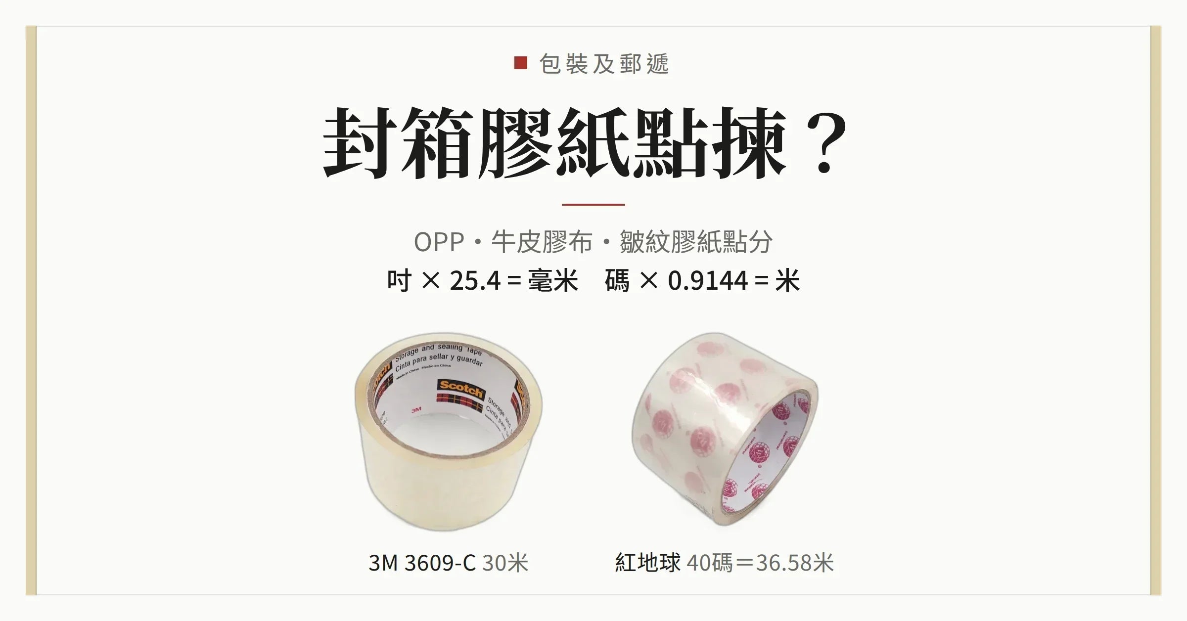 封箱膠紙封面圖：3M Scotch 思高 3609-C 30米 同 Globe 紅地球 40碼 兩卷透明 OPP 封箱膠紙，附吋碼換算公式
