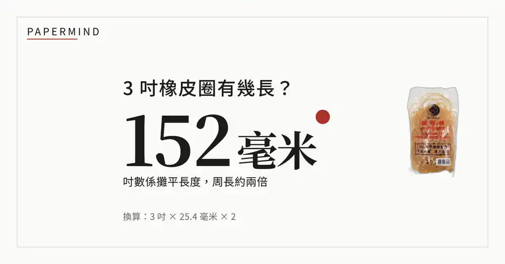 封面圖：紙色底墨色字，大字寫「3 吋橡皮圈有幾長？」同「152 毫米」，下面細字寫「吋數係攤平長度，周長約兩倍」同「換算：3 吋 × 25.4 毫米 × 2」，右邊係一包地球牌橡皮圈實物相