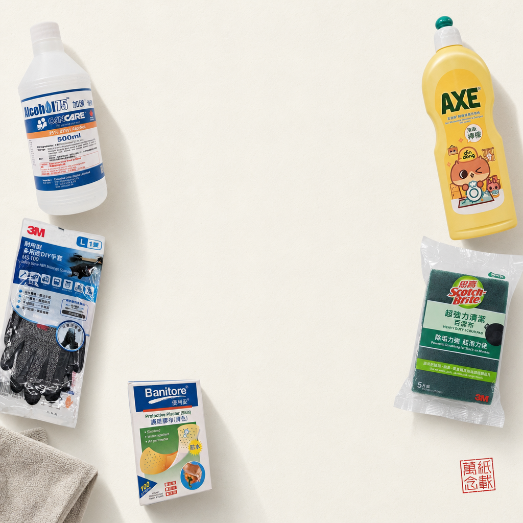 香港辦公清潔衛生用品 — Cancare 酒精消毒 500ml、Axe 檸檬洗潔精 900g、3M Scotch 105hk 鋼絲擦、3M MS-100 手套、Banitore 膠布