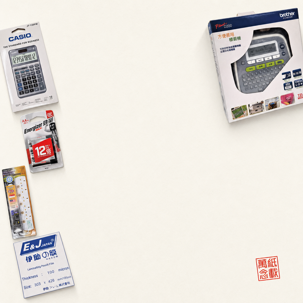 香港辦公硬件與設備 — Brother PT-D200HK 標籤機、Casio JF-120FM 計算機、Energizer E91 AA 電池、Super RB-5 拖板、EJ A3 過膠袋