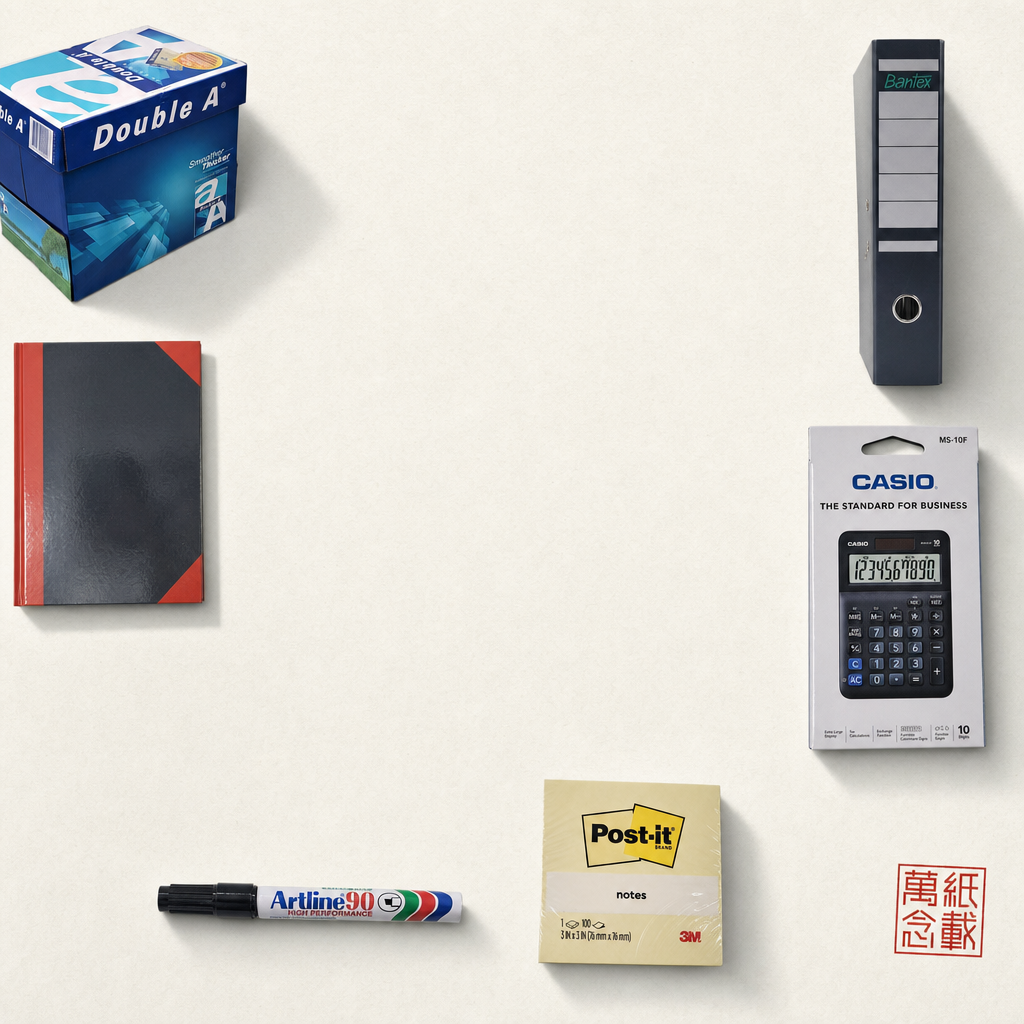 香港辦公室日常用品 — Double A A4 紙、紅黑硬皮簿 2210、Bantex 1020 拱形文件夾、Artline EK90 標記筆、3M Post-it 654、Casio MS-10F 計算機