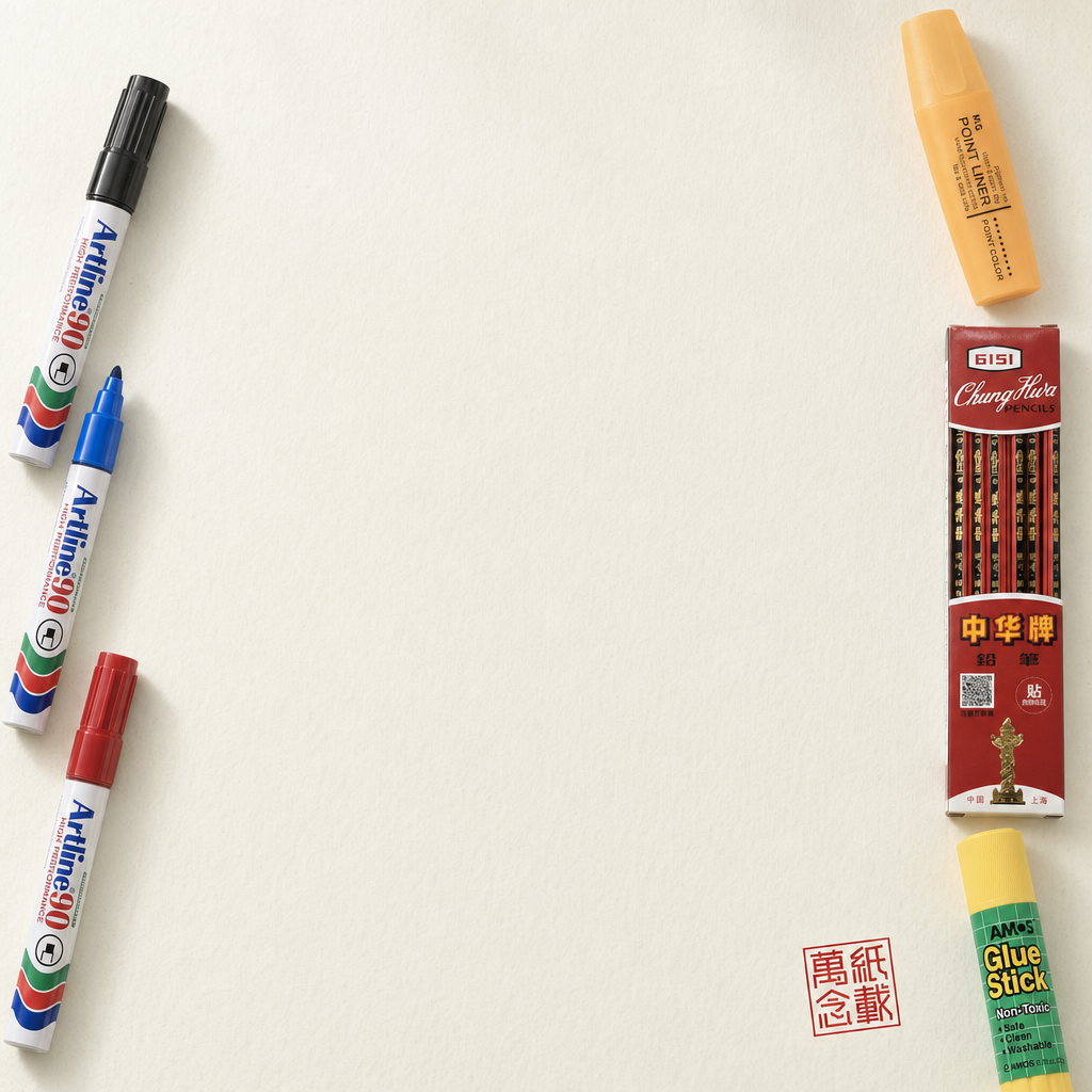 香港辦公文具用品 — Artline EK90 黑/藍/紅 永久標記筆、M&G 2150 螢光筆、中華 6151 紅黑鉛筆、Bostik Blu-Tack、Amos 22gr 白膠水