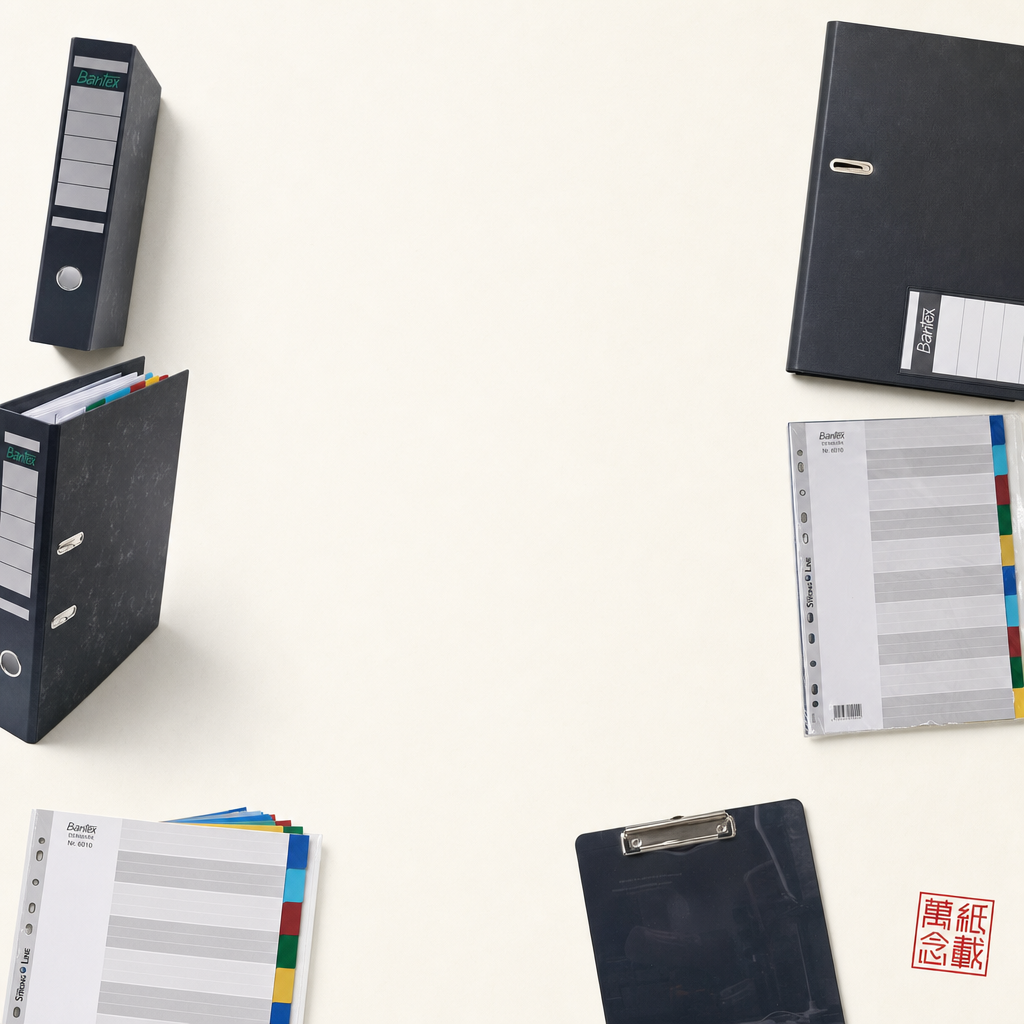 香港文件收納用品 — Bantex 1020/1021 F4 拱形檔案夾、1450 folder、2042EW A4 透明套、6010 彩色分類紙、A4 黑色 PP clipboard
