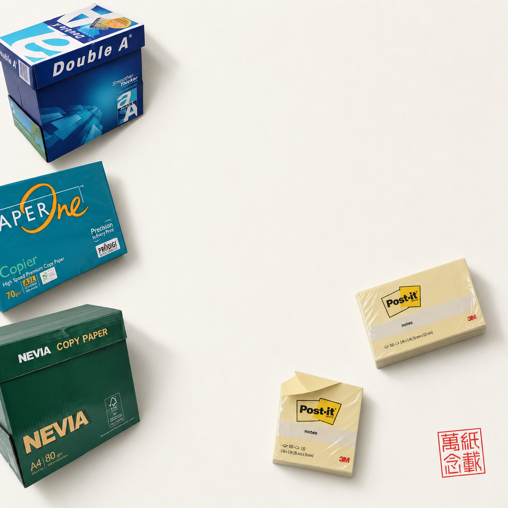 香港辦公紙品耗材 — Double A A4 80gsm 白紙、PaperOne A3 70gsm 綠紙、Nevia A4 80gsm 紙、3M Post-it 654/655 黃色便利貼