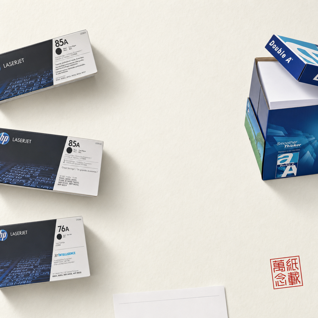 香港打印耗材 — HP CE285A、CE285AD、CF276A 黑色 LaserJet 碳粉盒及配套 Double A A4 影印紙