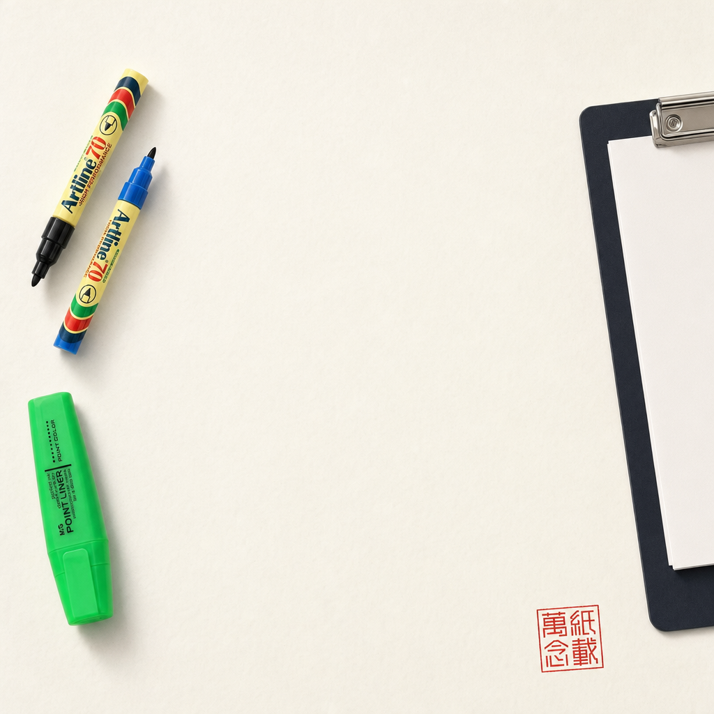 香港會議與展示用品 — Artline EK70 黑/藍標記筆、M&G 2150 螢光筆、A4 黑色 clipboard,會議室常用文具
