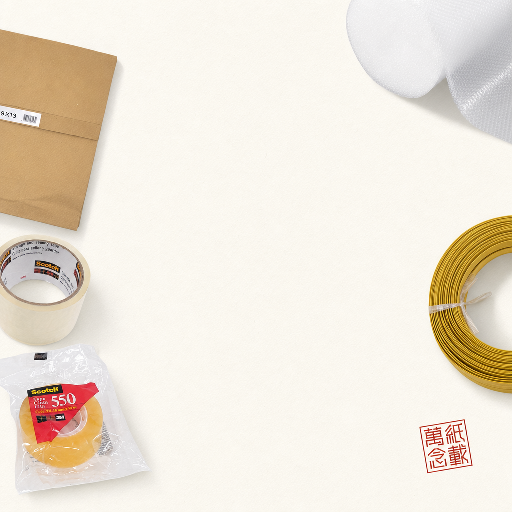 香港包裝及郵遞用品 — 3M Scotch 3609C/550 透明包裝膠帶、9x13 棕色 string envelope、50cm 氣泡膜、5/8 吋黃色打包帶