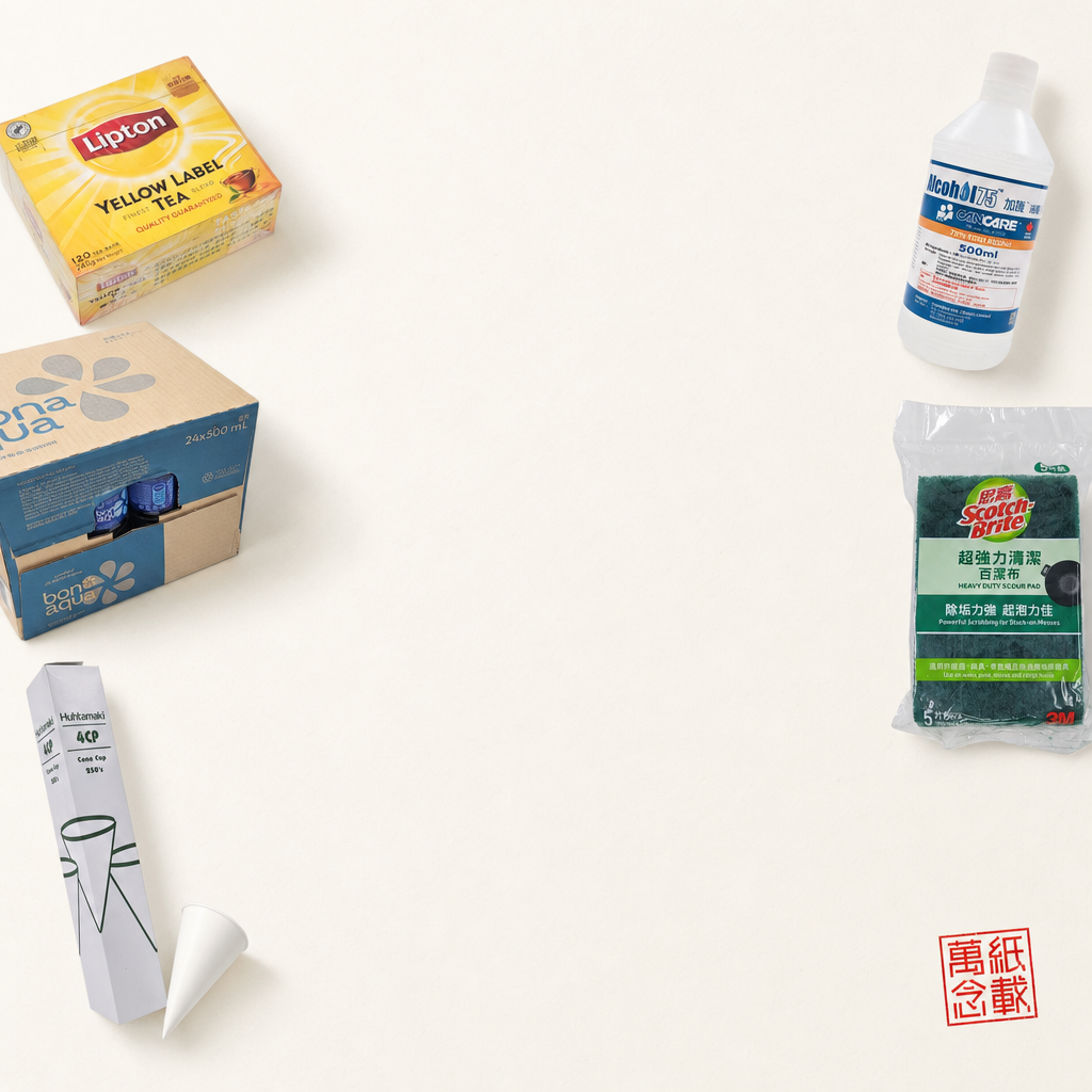 香港辦公茶水與清潔用品 — Lipton Yellow Label 黑茶、Bonaqua 礦泉水、4cp 紙杯、Cancare 酒精消毒、3M Scotch 105hk 鋼絲擦